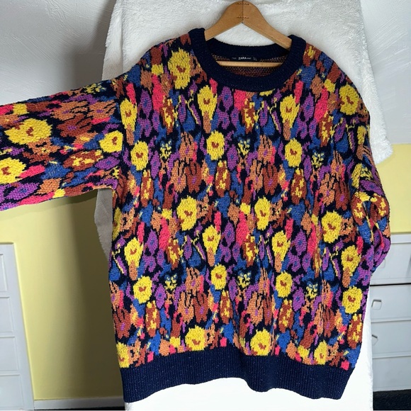 Zara Chunky Floral Jaquard Colorful Sweater Oversized Baggy Loose Bold Retro M - Picture 11 of 14
